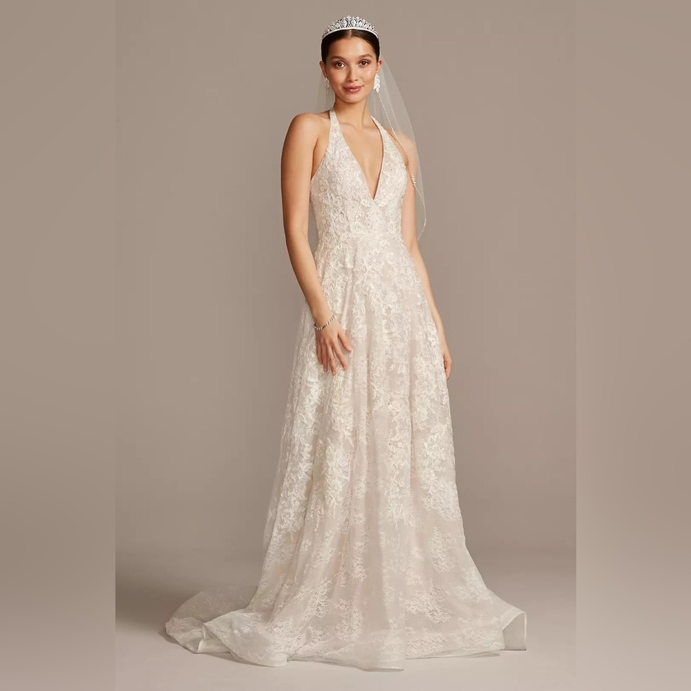 David’s Bridal - Oleg Cassini Beaded Lace Halter A-Line Wedding Dress Size 12